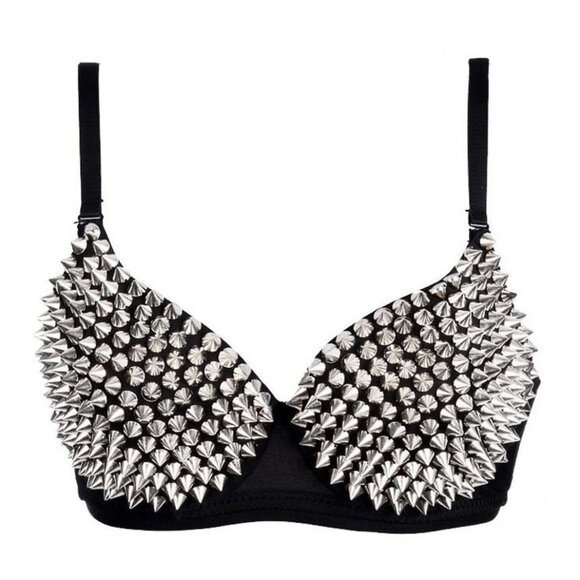 FASHION Metallic Spike Punk Goth Bra Clubwear - Silver - Picture 1 of 3